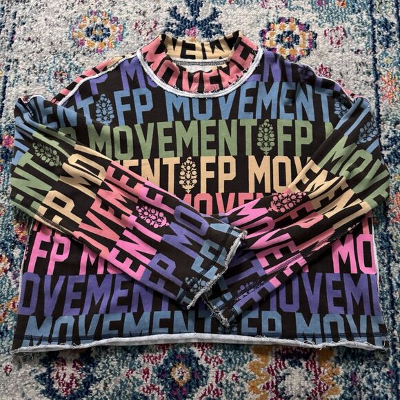 Free People Movement Rainbow Wild Side Logo Tee Long Sleeve Mock Neck Size XS - Picture 3 of 7